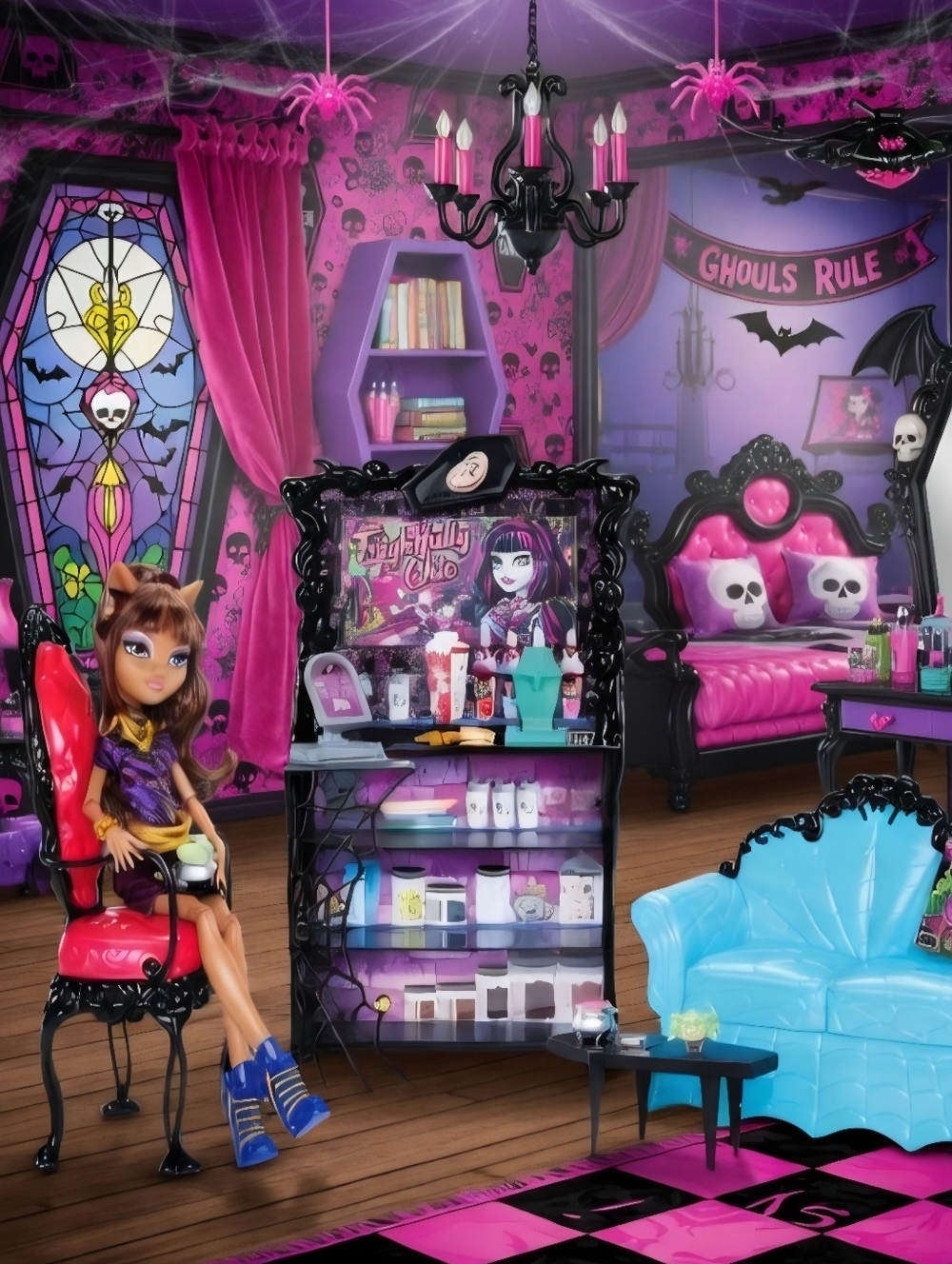 ♾️♡Monster High Clawdeen Doll Playset with Aqua Sofa & Black Gothic Shelf